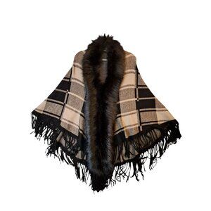 Shawl Black Tan Plaid Faux Fur Trimmed Fringe  Wrap